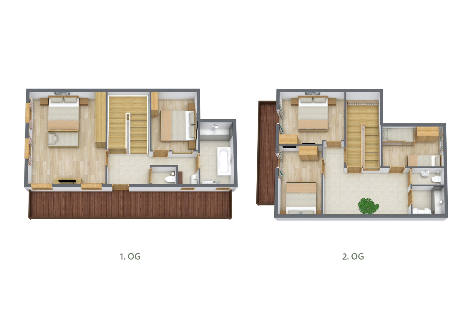 Grundriss eines zweistöckigen Hauses. Im Erdgeschoss befinden sich zwei Schlafzimmer, ein Badezimmer und ein Flur. Im Obergeschoss befinden sich zwei weitere Schlafzimmer, ein Badezimmer, ein kleiner Flur und ein grünes Pflanzensymbol, das möglicherweise Platz für Pflanzen anzeigt.